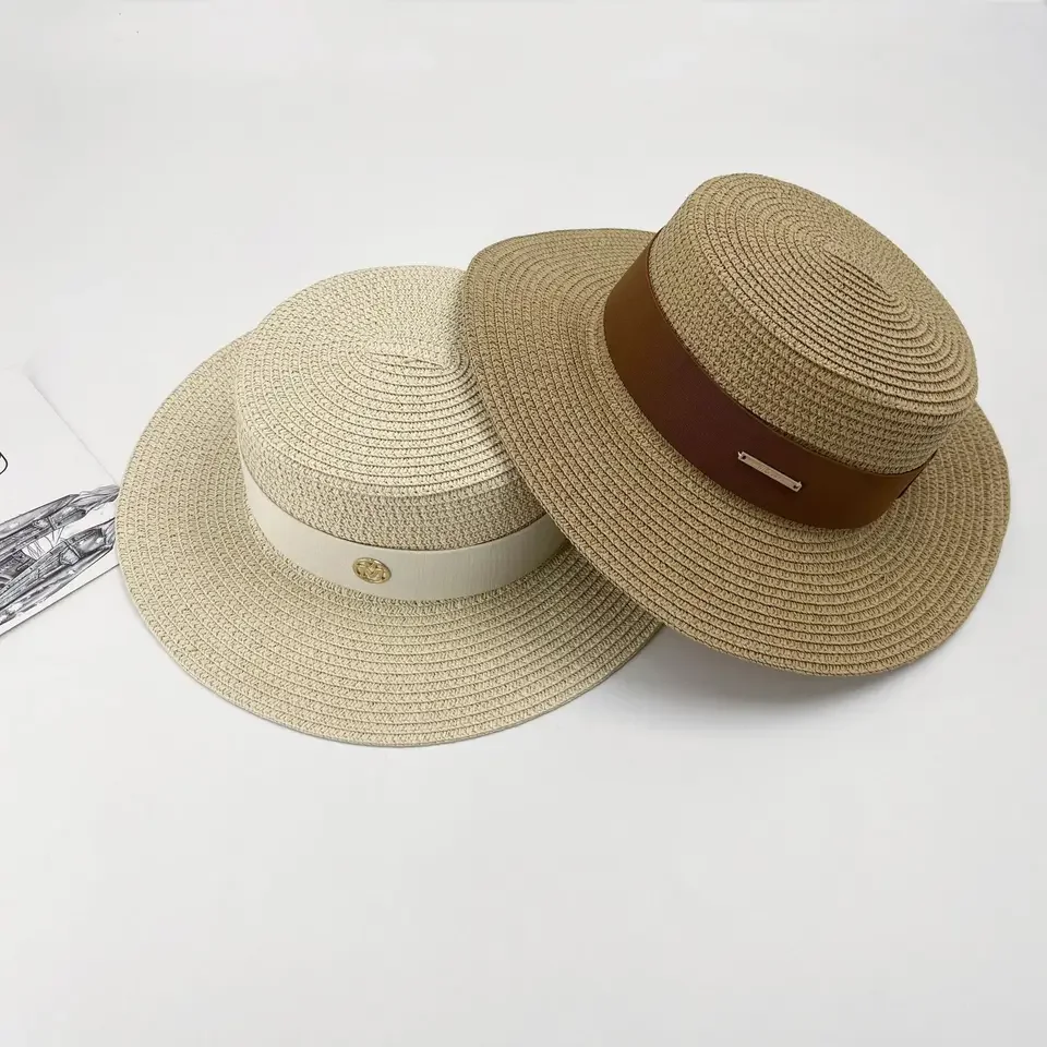 

French Flat Top Straw Hat - Women's Summer Hat for Beach Vacation, Fashion Wide Brim Cap