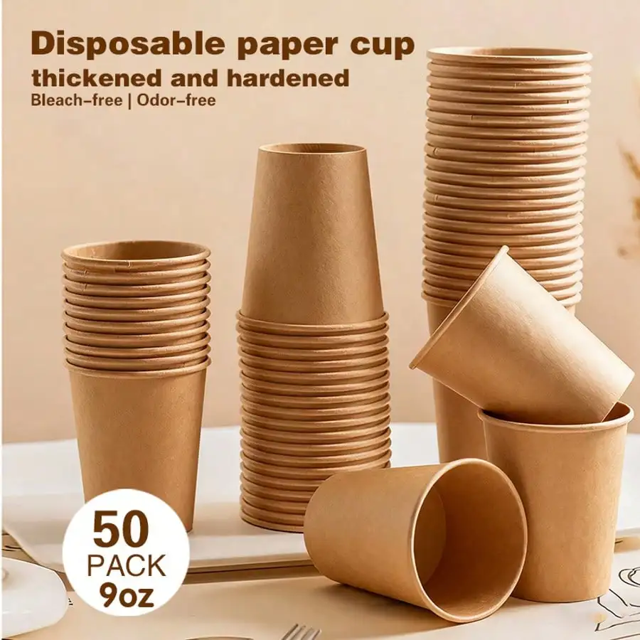 

50-Pack 9oz Thickened Kraft Paper Cups - Bleach/Odor-Free For Hot/Cold Drinks (Home/Office/Shops)
