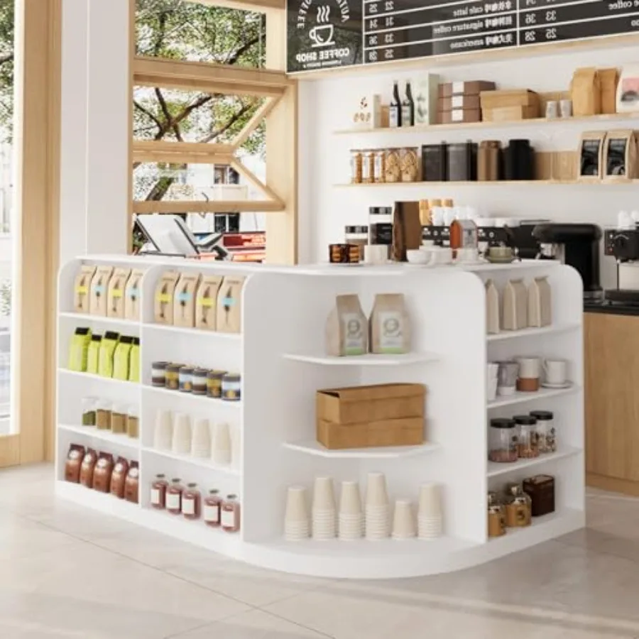 

70.9" L-Shape Reception Desk with Open Display Shelving, 2 Drawers and Cabinets, Modern Reception Counter for Shop White 70.9"W