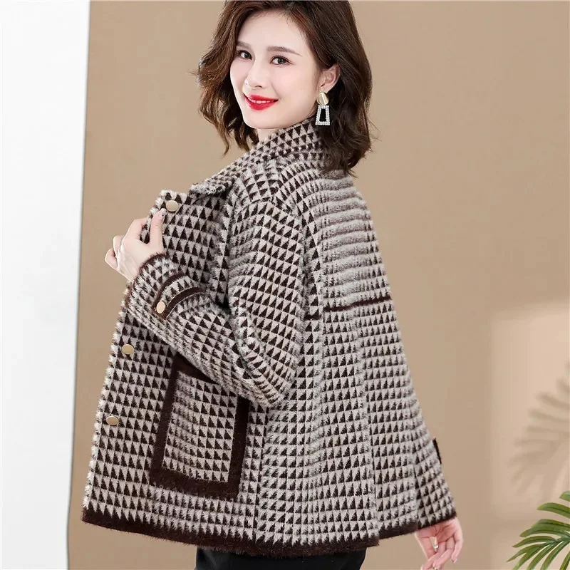 Female Large Size 4XL Woolen Lattice Outwear Middle Aged Mother Wool Blend Jacket Autumn Winter Women Imitation Mink Fur Coat