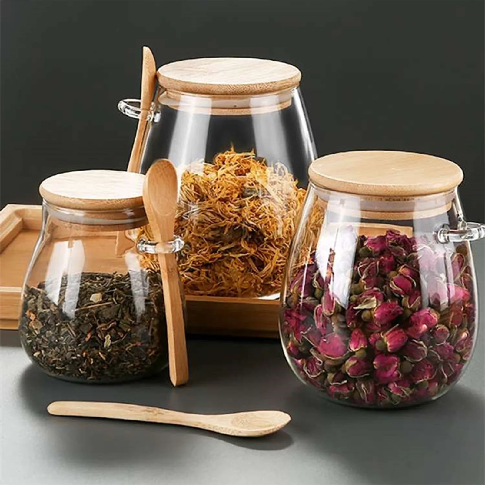 Sugar Container with Spoon Glass-Sealed Storage Jar For Coffee Tea Salt Nuts Candy Matcha