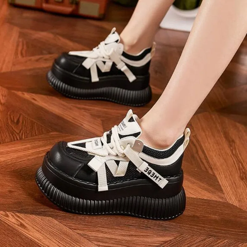 

8cm Microfiber Leather Women High Brand Vulcanized Shoes Platform Wedge Chunky Fashion Casual New Summer Boarding Skate Sneaker