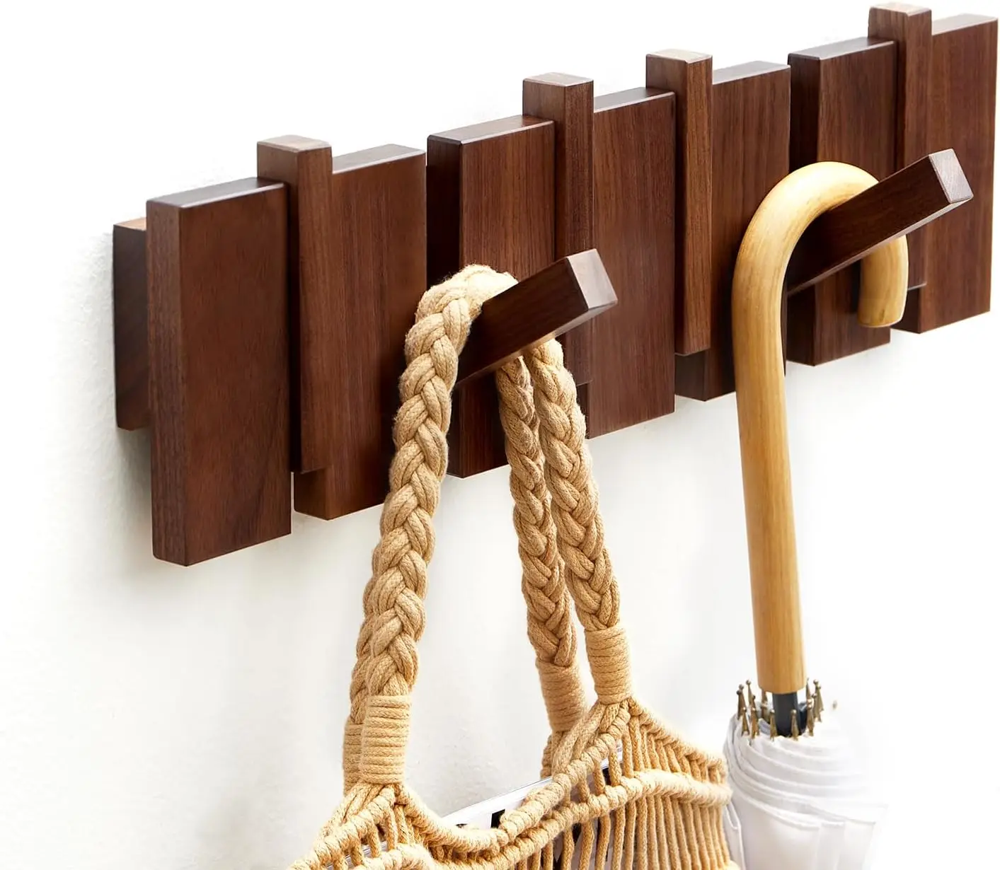 

Walnut Flip-Down Wall Coat Rack with 6 Magnetic Hooks, Space-Saving Entryway Organizer for Coats and Keys