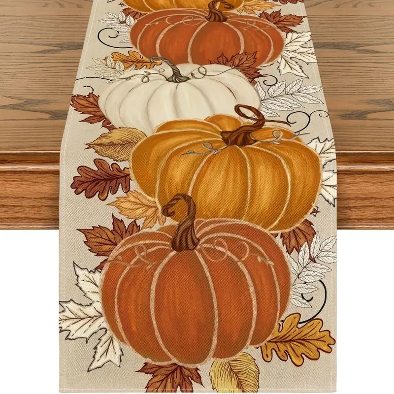 VIKAMA Fall Pumpkin Table Runner Autumn Maple Leaf Print Thanksgiving Harvest Dining Table Home Decoration