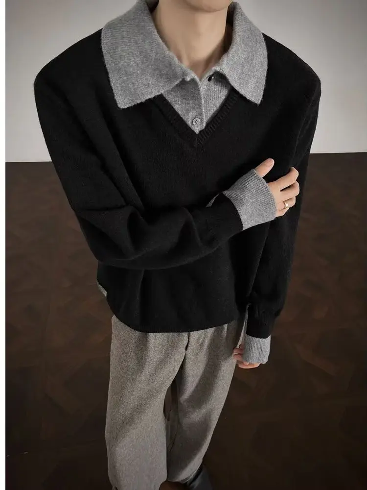 

Thiened Long Sve Collar Knitted Sweater Men's Winter Warmth Fake Two-Piece Casual Sle Polyester Fiber Knitwear