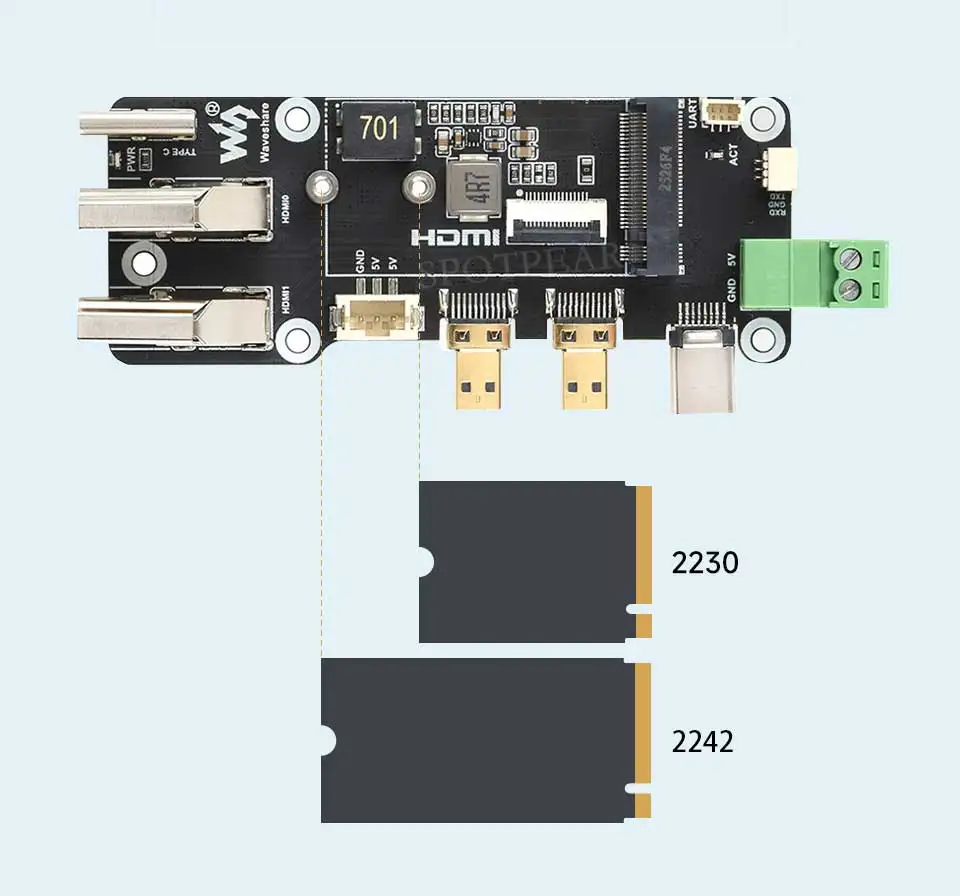 Picture 5: Raspberry Pi 5 PCIe to M.2 Multi Function Adapter Board Supports Dual 4K HDMI Output Supports  2230 2242 size M.2 SSD