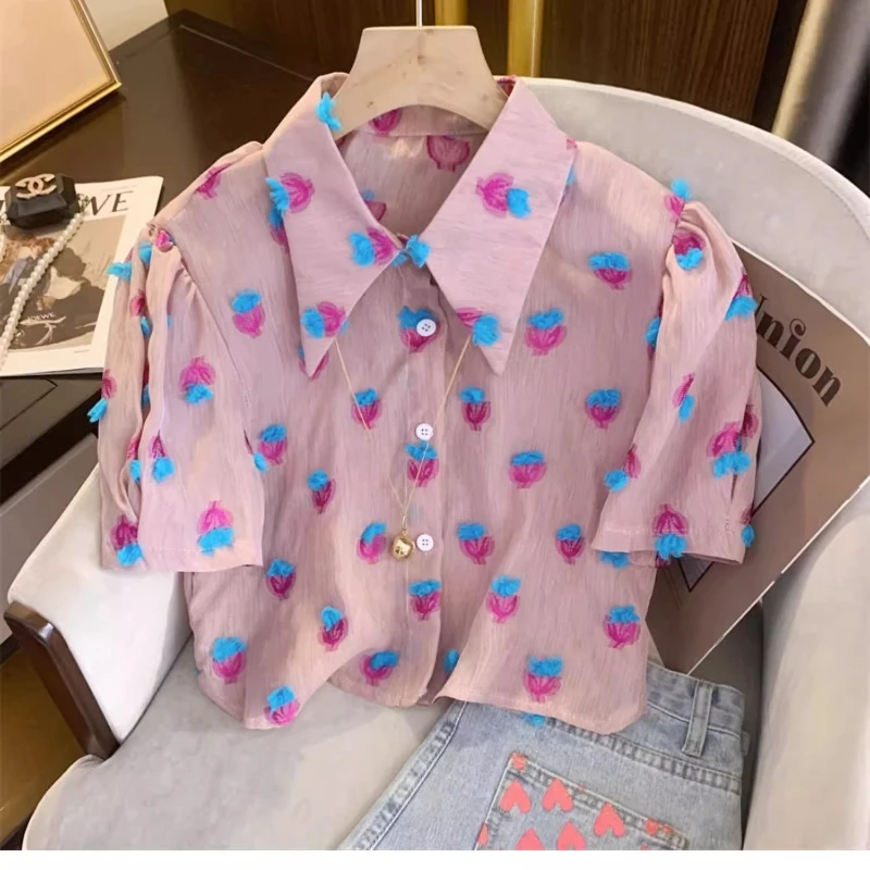 Polo Collar Floral Chiffon Shirt Tees Women's Summer 2024 New High-Quality Korean Commuting Printed Bubble Sleeve Short Top