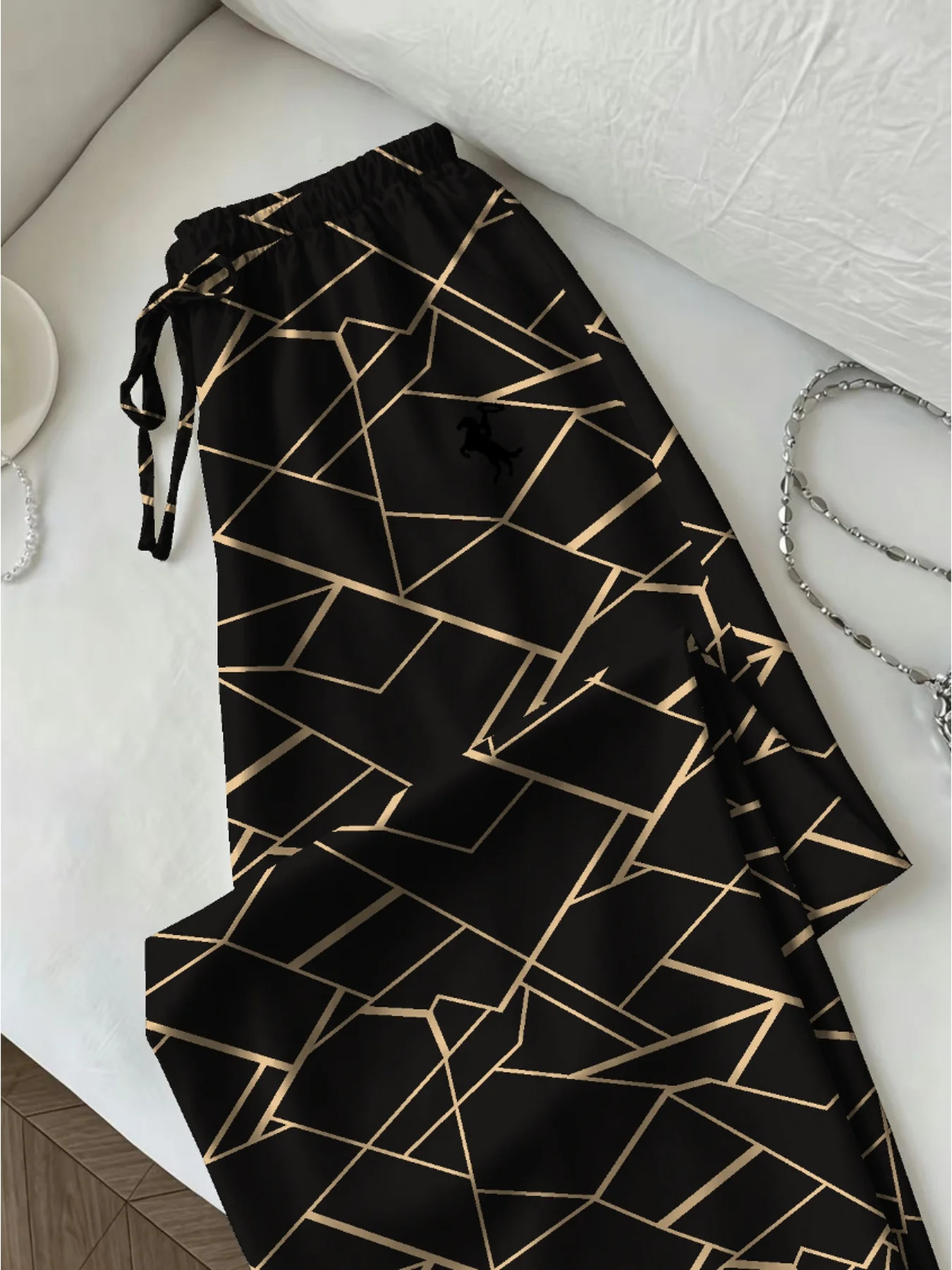 Women's Geometric Pattern Color Blocking Pants Casual Comfortable Waist Cinching Strap Design