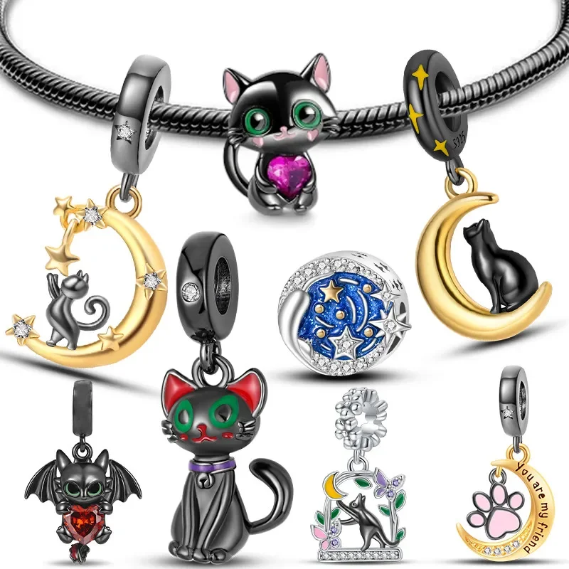 

925 Sterling Silver Black Animals Pet Cat Paw Print Dangle Fit Pandora Charms Original Bracelet for Women Jewelry Making Gift