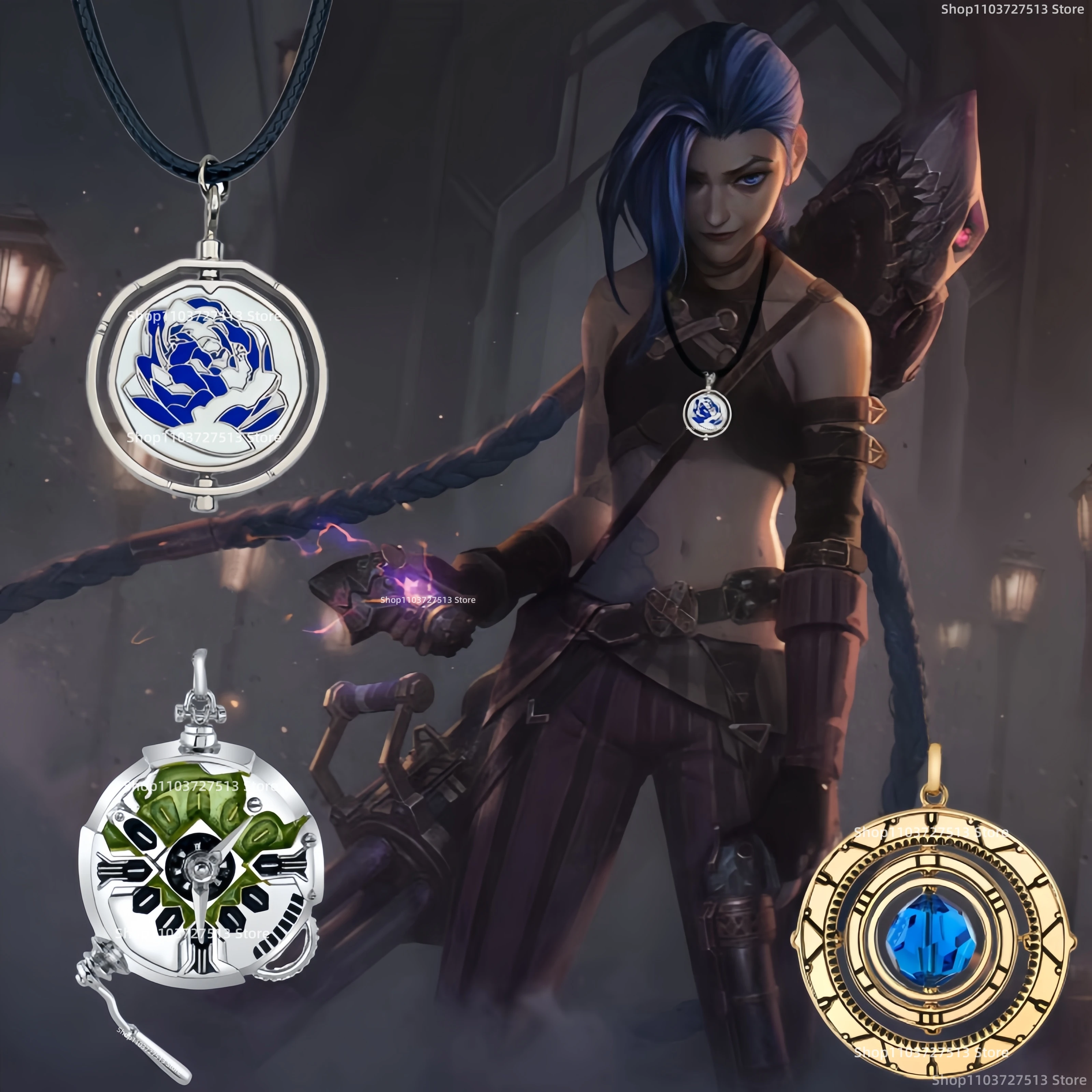 New Arcane Season 2 Ekko Jinx Necklace Anime Arcane Powder Rotating Blue Pink Rose Pendant Piltover Cosplay Prop Fans Girls Gift