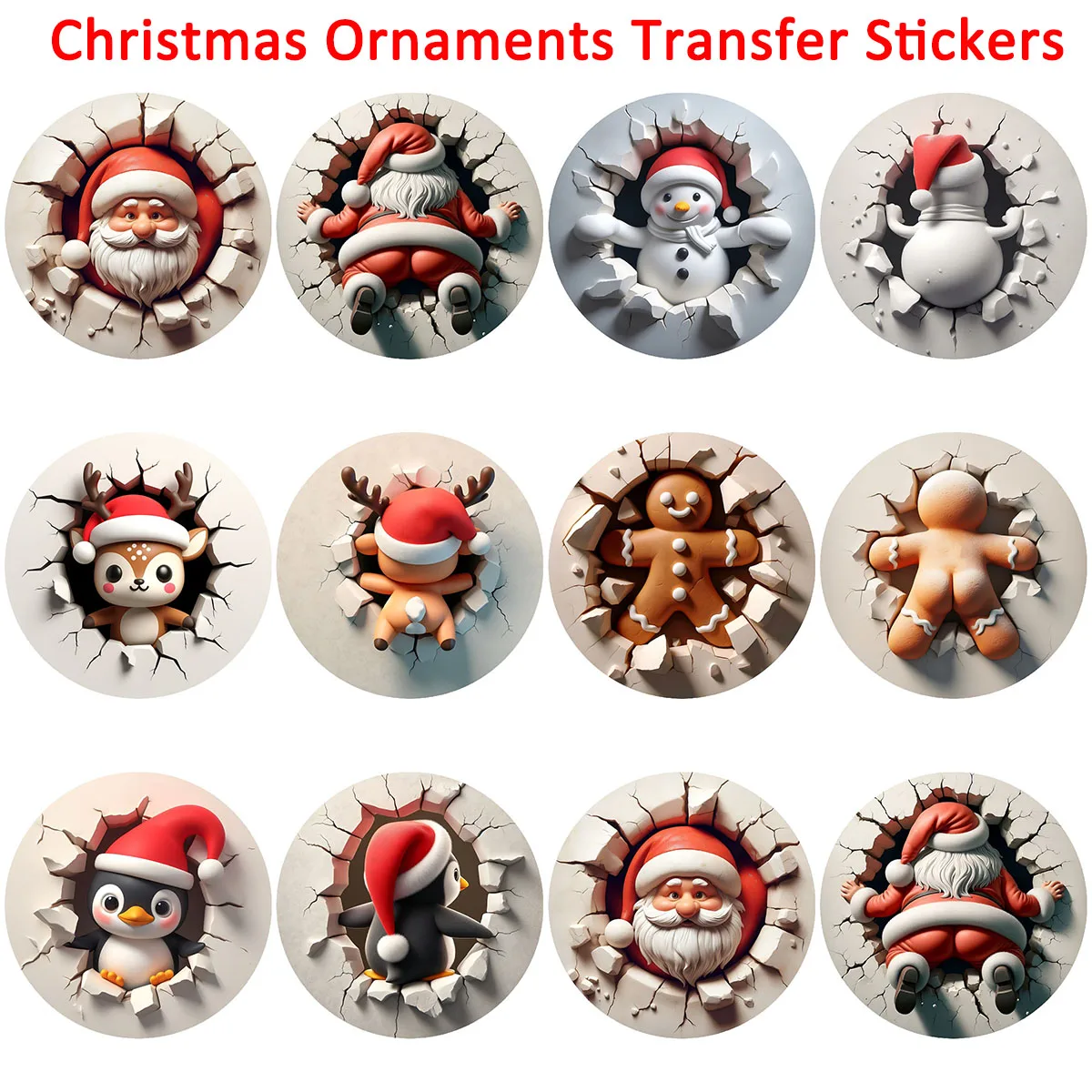 12pcs Funny Santa Claus Snowman Christmas Ornaments UV DTF Transfer Stickers Glass Coffee Mugs Cup Wrap Winter Xmas Decorations