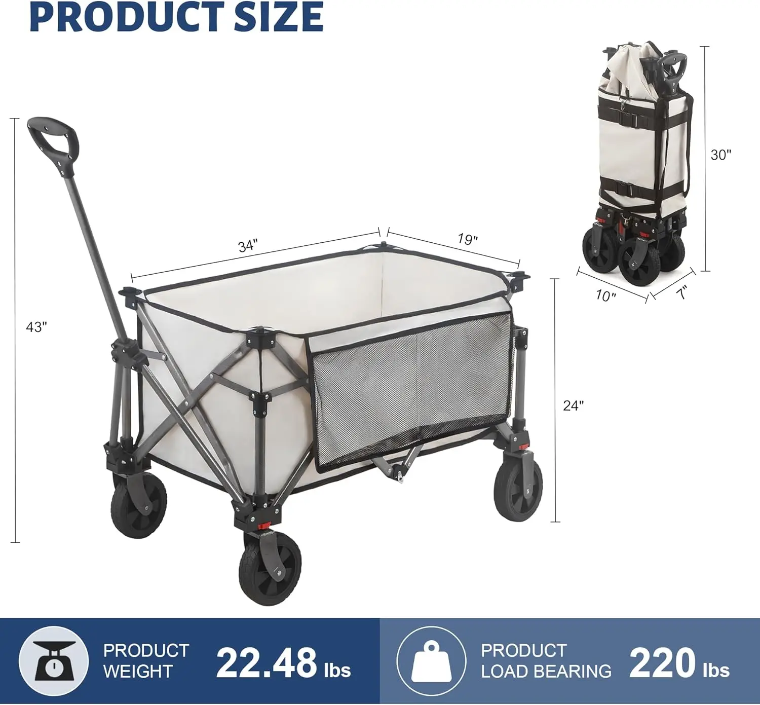 Collapsible Folding Wagon Cart 220LBS Heavy Duty Foldable Utility Garden Cart with All Terrain Wheels & Side Storage Bag Portabl