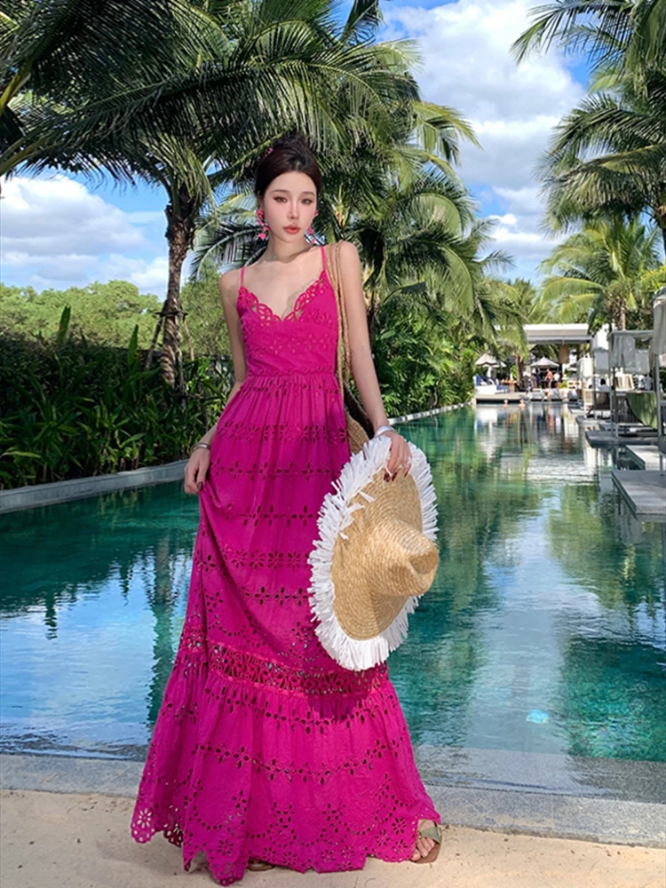 

Summer Rose Red Spaghetti Strap Backless Holiday Maxi Dress Sexy Women V Neck Cotton Hollow Out Embroidery Boho Long Robe