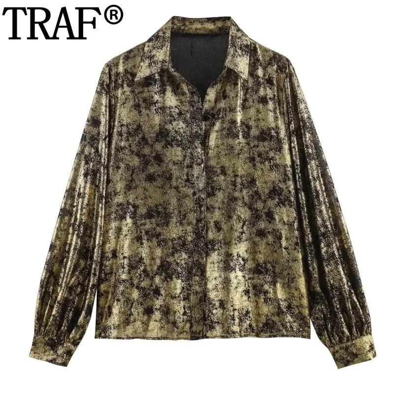 TRAF 2024 Black Gold Shirts For Women Vintage Foil Long Sleeve Shirt Woman Autumn Winter Metallic Button Up Shirts And Blouses