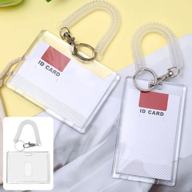 INS Horizontal Vertical Acrylic Cards Sleeve with Spring Lanyard Chain ID Card Idol Card Slot Transparent Card Case Protective