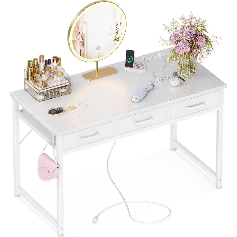 

Vanity Desk Without Mirror, White Makeup Vanity with 3 Fabric Drawers, with Power Outlets & USB/Type-C Charging Ports,White