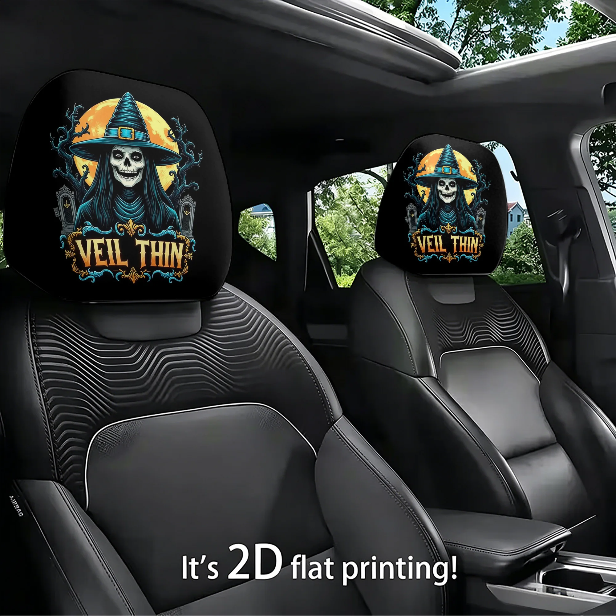 2pcs car headrest covers featuring a spooky witch and skull design, adding a gothic flair to your car’s interior. Does not inclu