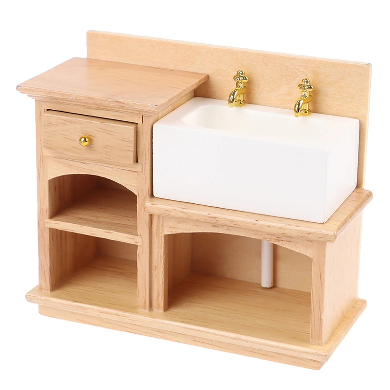 1/12 Wooden Wash Basin Cabinet with Ceramic Hand Sink Miniature Furniture Toys for Dollhouse Bathroom Kitchen Decoration