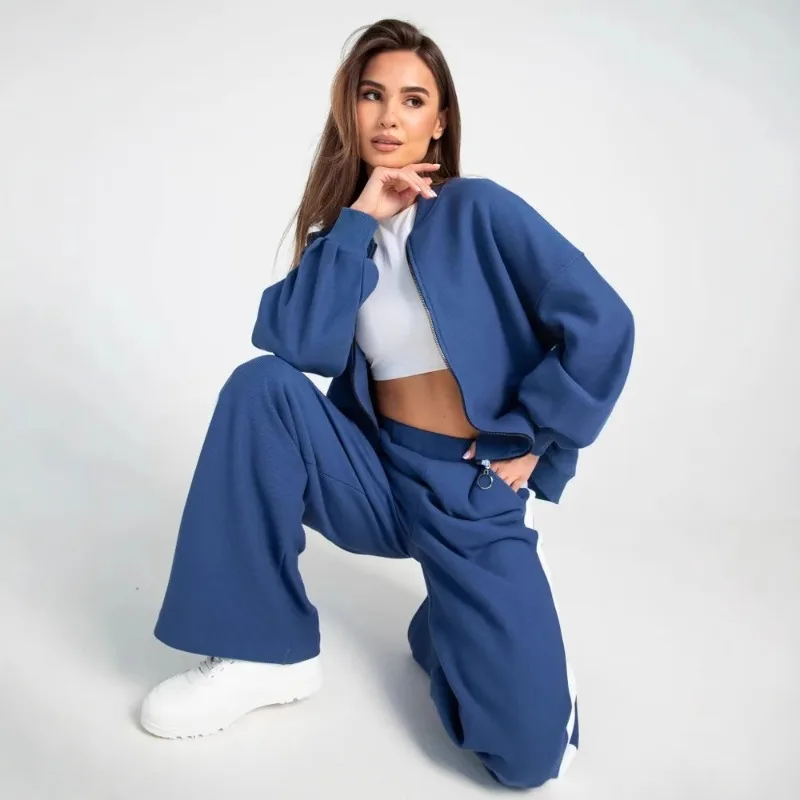 Spring 2025 Round Neck Sweatshirt with Casual Jacket and Straight Pants Set