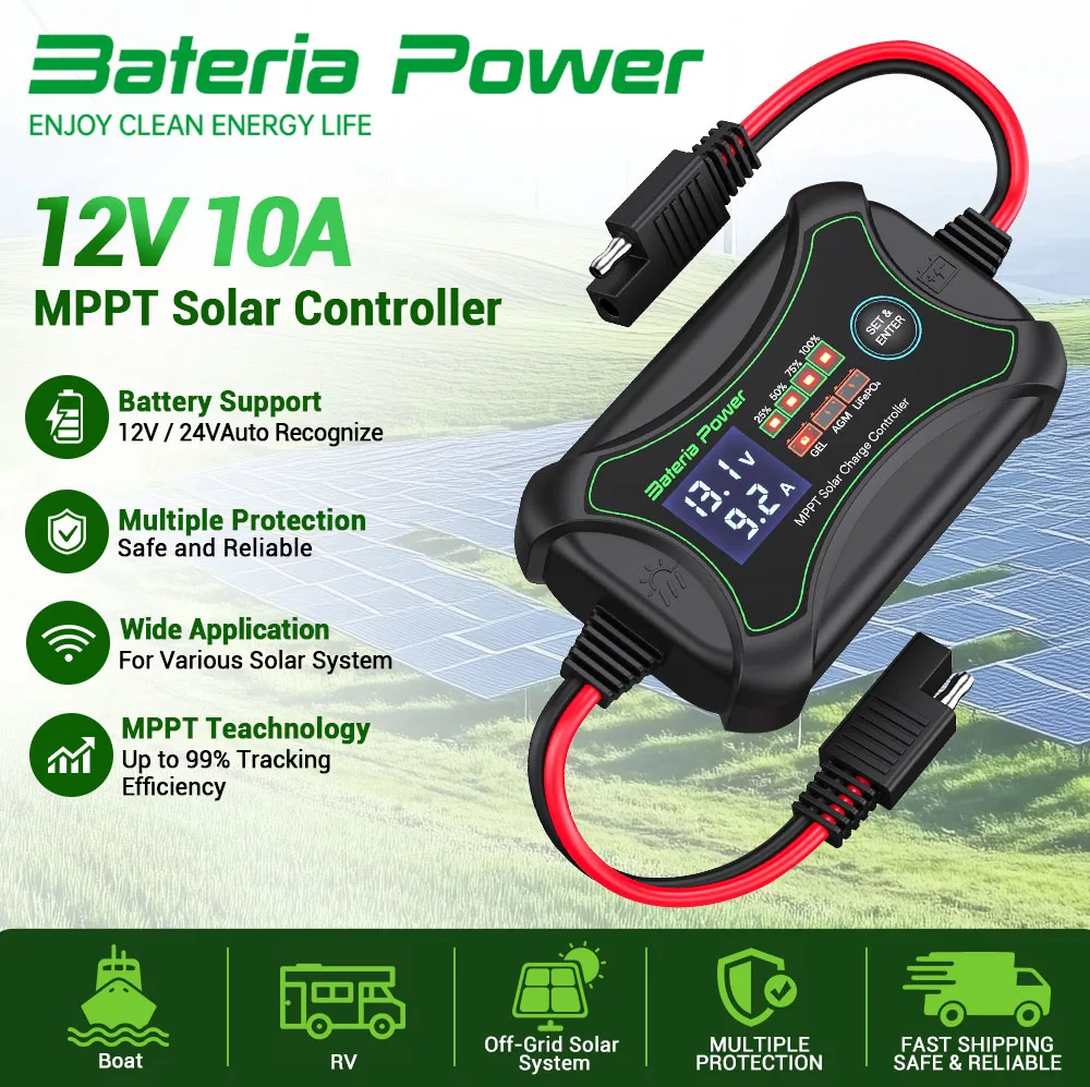 10A MPPT Wireless Solar Charge Controller with BT, Bateria Power 12 Volt Phone APP Intelligent Control Solar Regulator with LCD