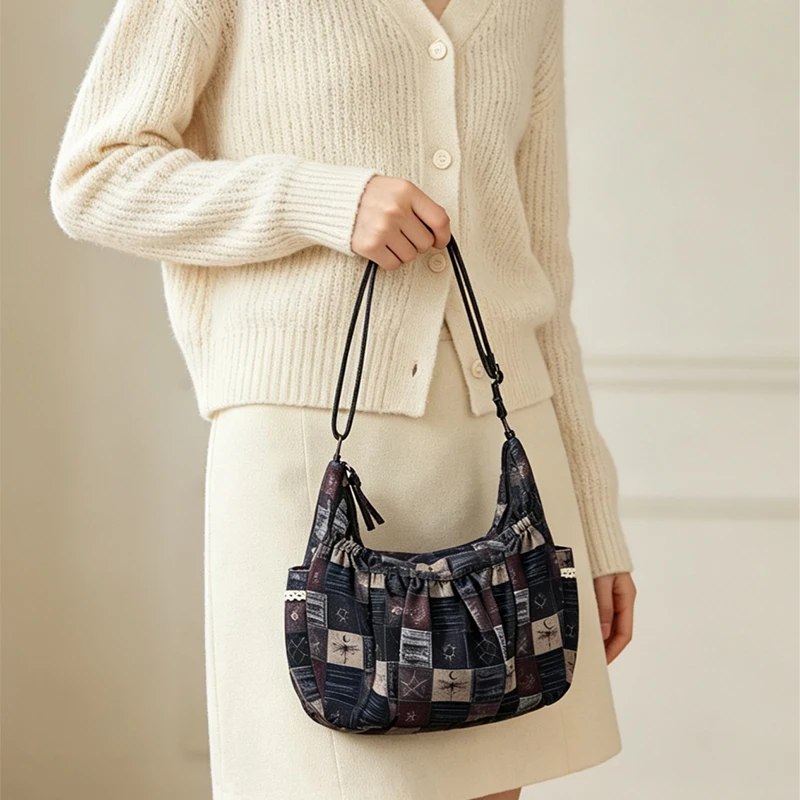 Sonnen-Mond-Stern-Print Patchwork Canvas Schultertasche, Vintage Handtasche mit Reißverschluss, Damen Pendler-Arbeitstasche Retro Leichte Tragetasche – Detail 5