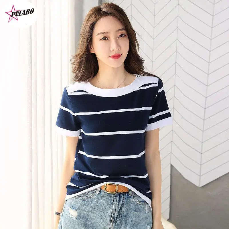 PULABO Tees Summer Blue White Striped Short Sleeve Cotton T-Shirt Women Button O-Neck Elegant Plus Size Tshirt Female Fashion