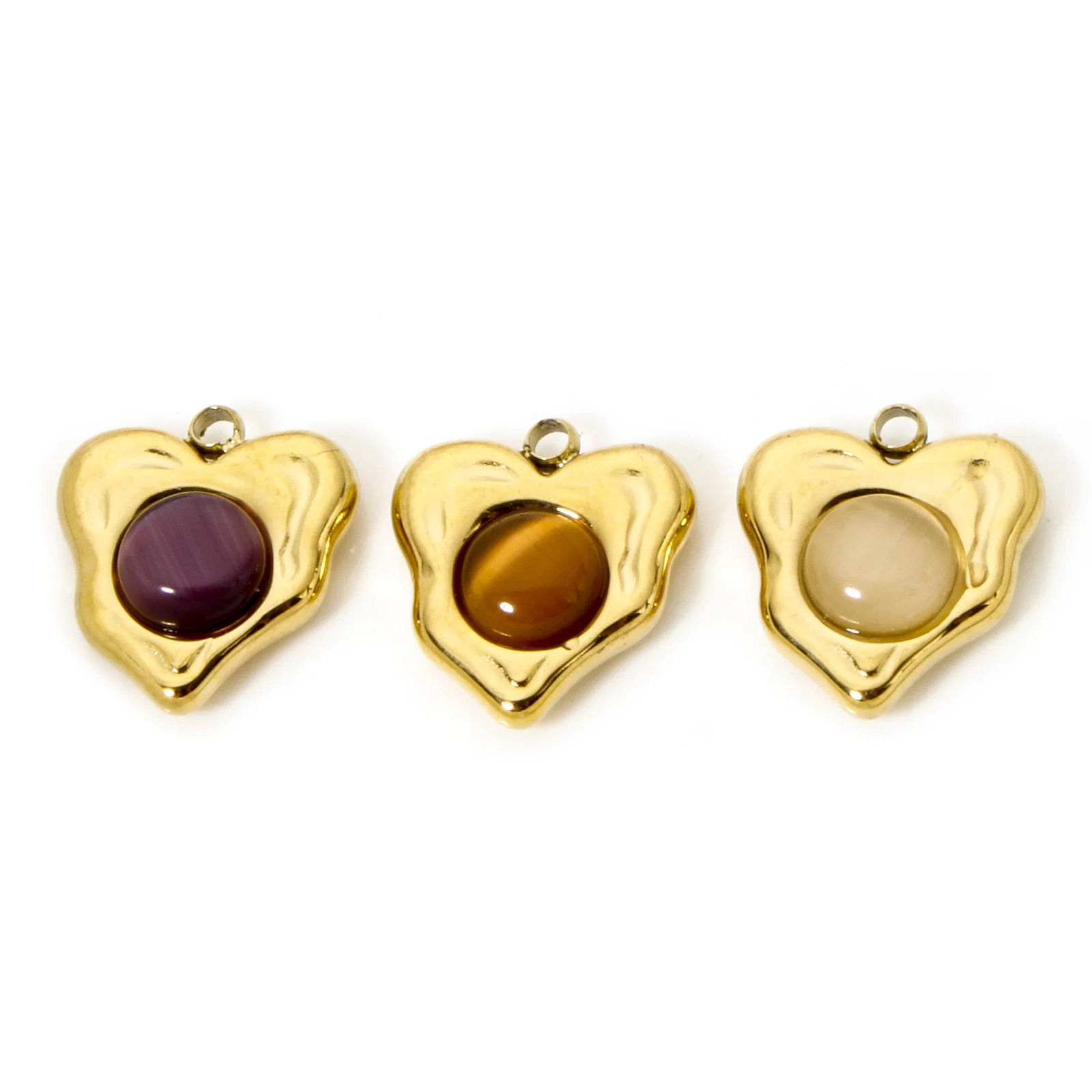 1pc Vintage Stainless Steel Charms Gold Color Heart With Synthetic Gemstone Cabochons Pendant DIY Necklace Jewelry 14mm x 13mm