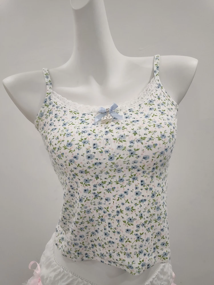 

Cute Crop Tops Women Summer Bow Flower Decoration Floral Slim Cropped for Sweet Girl Camis Kawaii Clothes