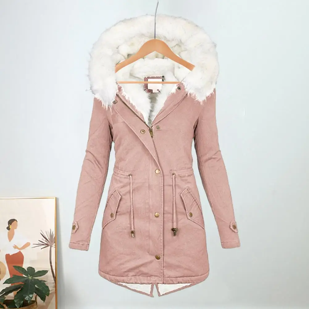 Women Coat Warm Women Jacket Women's Furry Hooded Mid Length Coat with Plush Lining Drawstring Waist Pockets Cold-proof for Wear