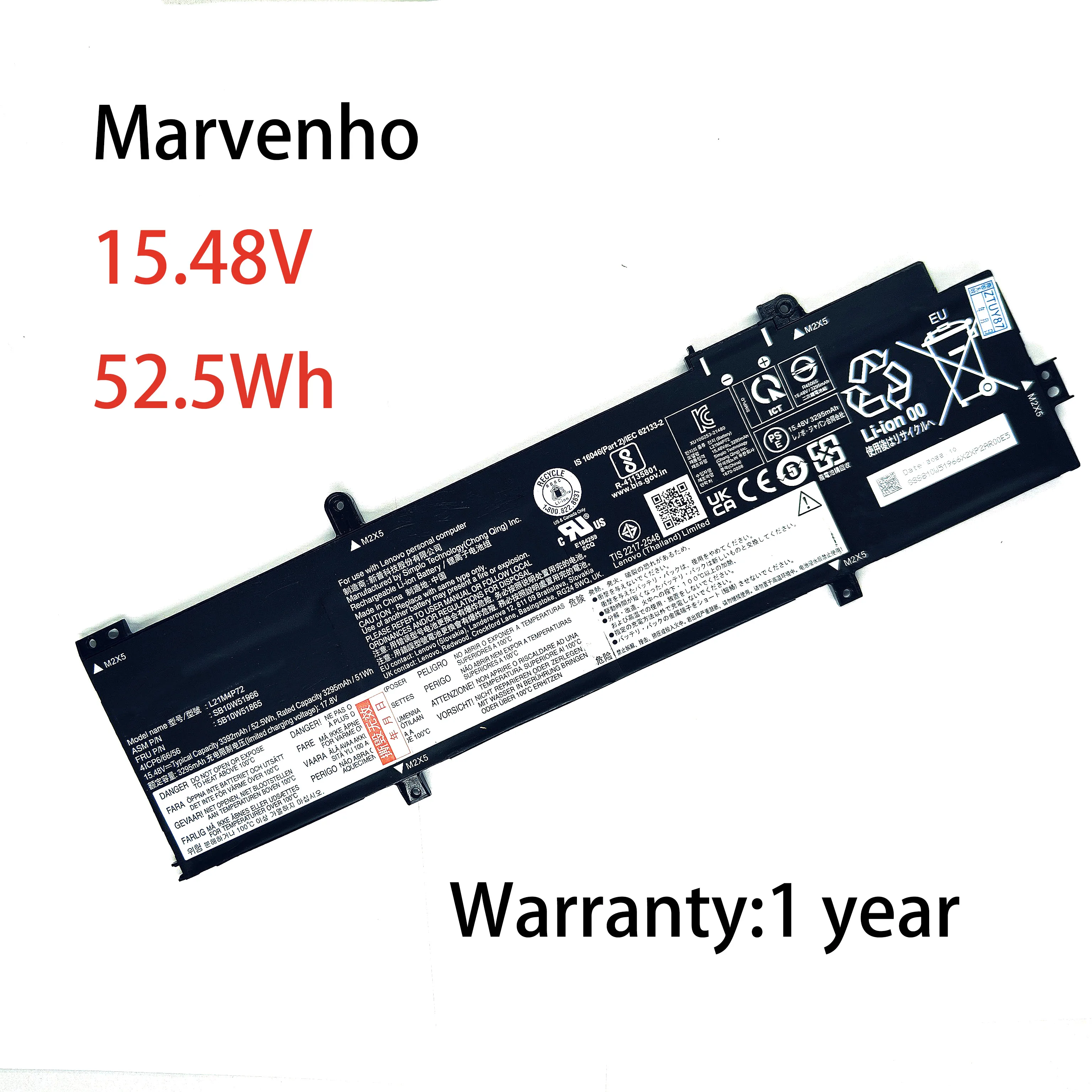 Marvenho New 15.48V  3392mAh  52.5Wh  L21M4P72 L21C4P71 Laptop Battery for Lenovo ThinkPad T14 3rd P14s 3rd Gen 2022