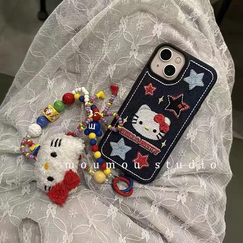 Sanrio Colorful Beaded Keychain Hello Kitty Kawaii Cartoon Plush Phone Strap Wrist Strap Backpack Pendant Decoration Gifts