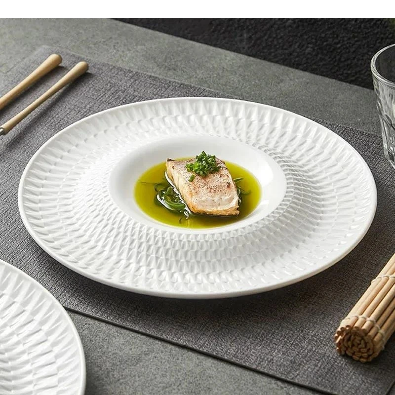 Pure White Relief Texture Ceramic Dessert Plate Serving Snack Pasta Sushi Plates Restaurant Tableware