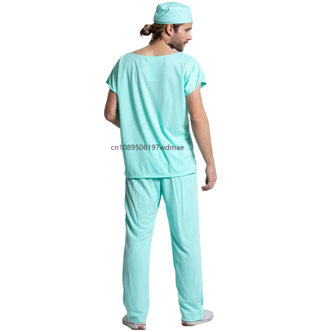 Adult Men Surgeon Doctor Scrub Costume Mint Green Short Sleeve Top Pants with Cap Masquerade Fancy Dress Medical Cosplay Outfit view 3