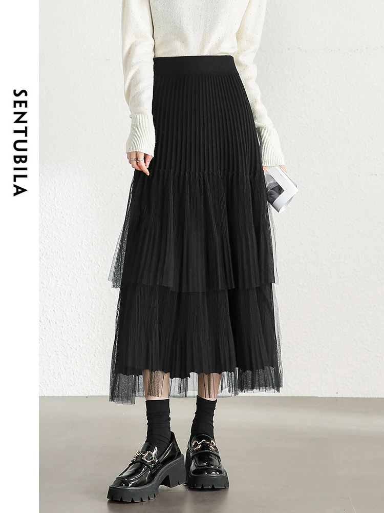 

SENTUBILA Black Fluffy Mesh A-line Skirt for Woman 2024 Spring New Elegant Elastic Waist Midi Skirts Female Clothing W34Q51859