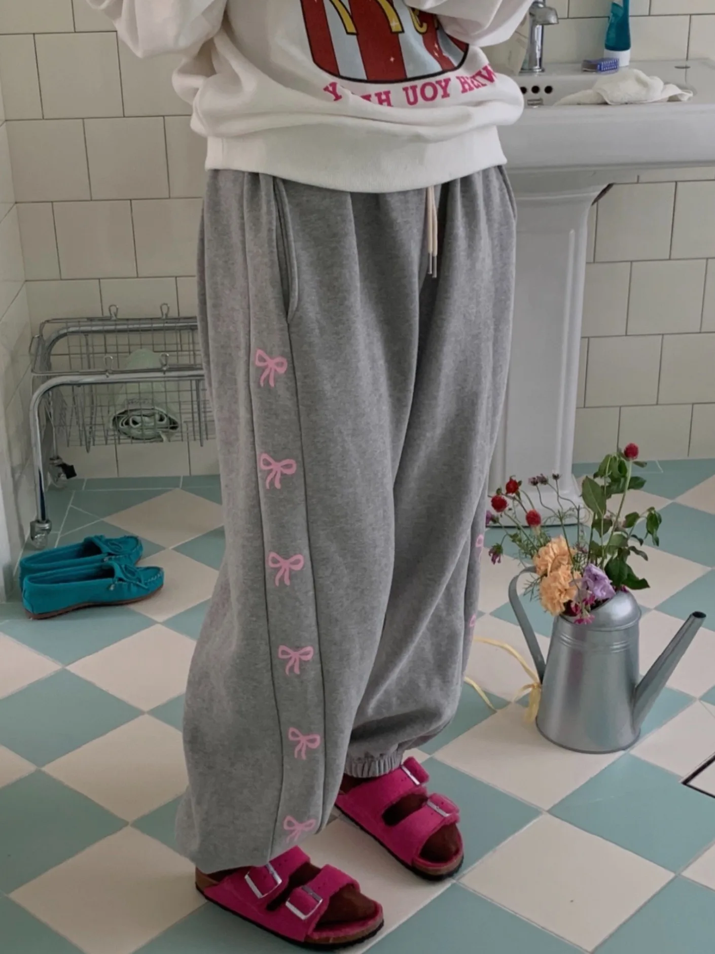 Spring 2024 New Terry South korea Ins Cute Girl Bow Print Sweatpants Sweat pants Casual Pants Women