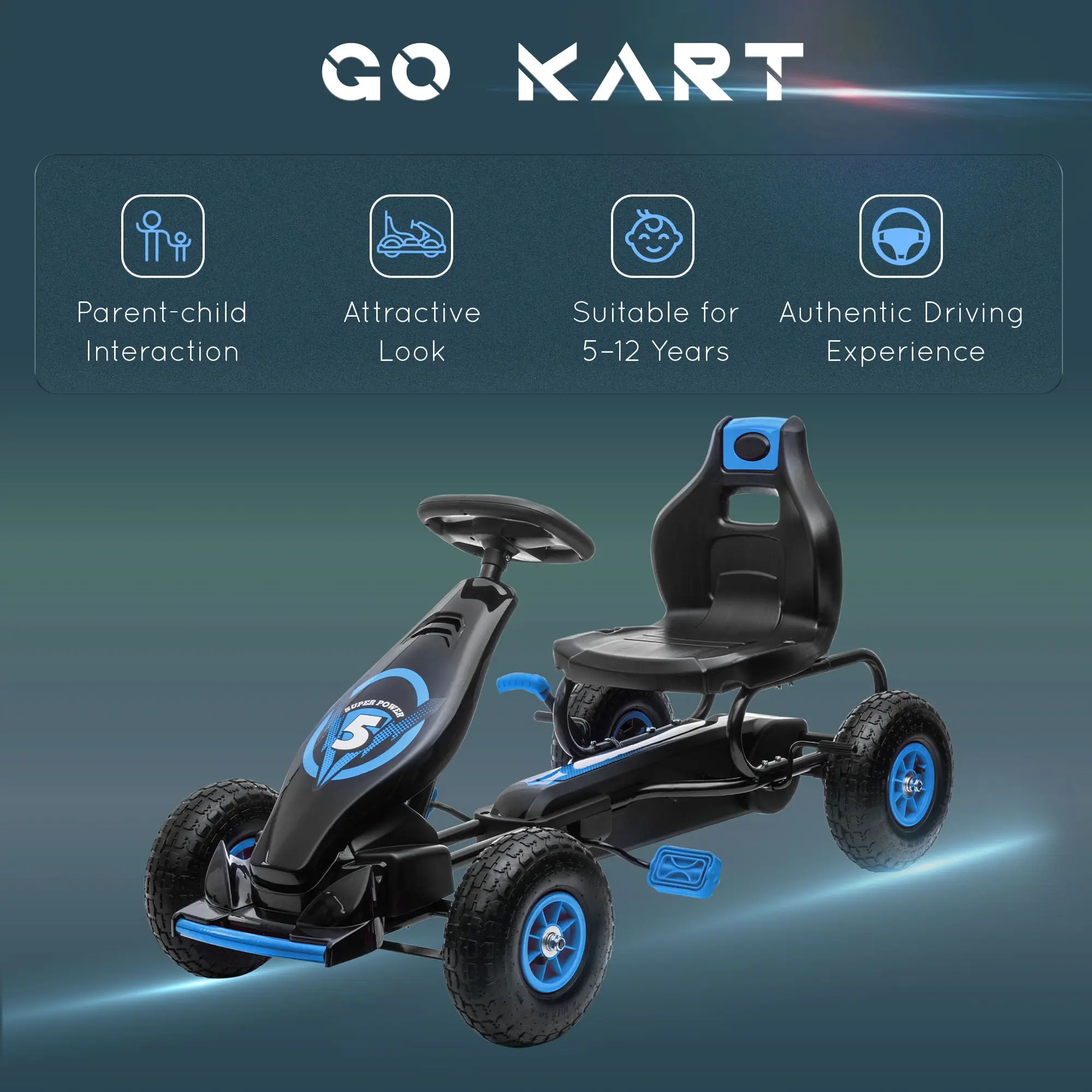 Kids Pedal Go Kart Ride-on Toy Blue Safety Hand Brake, Ages 5-12 with Ergonomic Comfort Wear-Resistant Tread