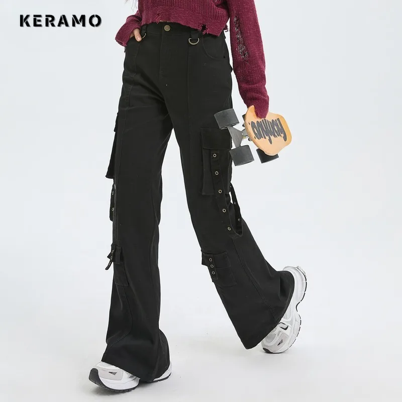 

Vintage Casual High Waist Solid Color Belted Design Cargo Pants For Women Streetwear Style Wide Leg Overalls Baggy Y2K Trouser