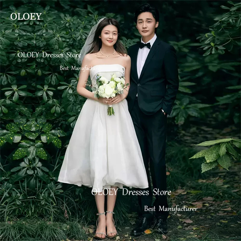 OLOEY Simple A Line Ivory Korea Wedding Dresses Photo Shoot Satin Mid-calf Bridal Dress Corset Back Strapless Marriage Custom