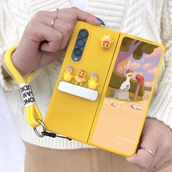 For Samsung Galaxy Z Fold 4 5 Phone Case Rotate Duck With Strap Z Fold 3 Metal Bracket Stand Protective Cover