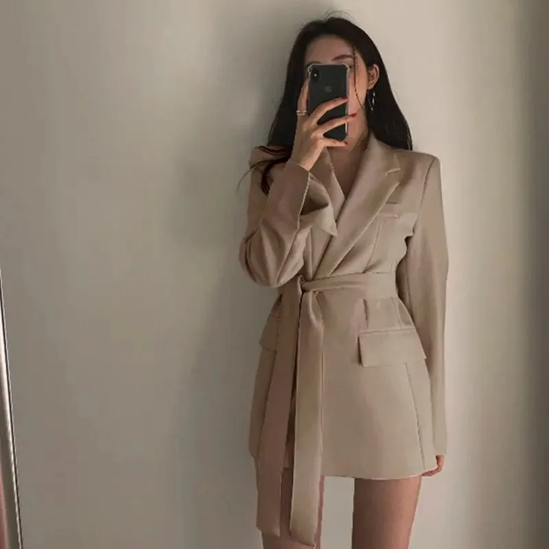 Suit Jacket Women Autumn New Korean Long Coat with Belt Office Lady Turndown Collar Female White Slim Casual Women‘s Blazers