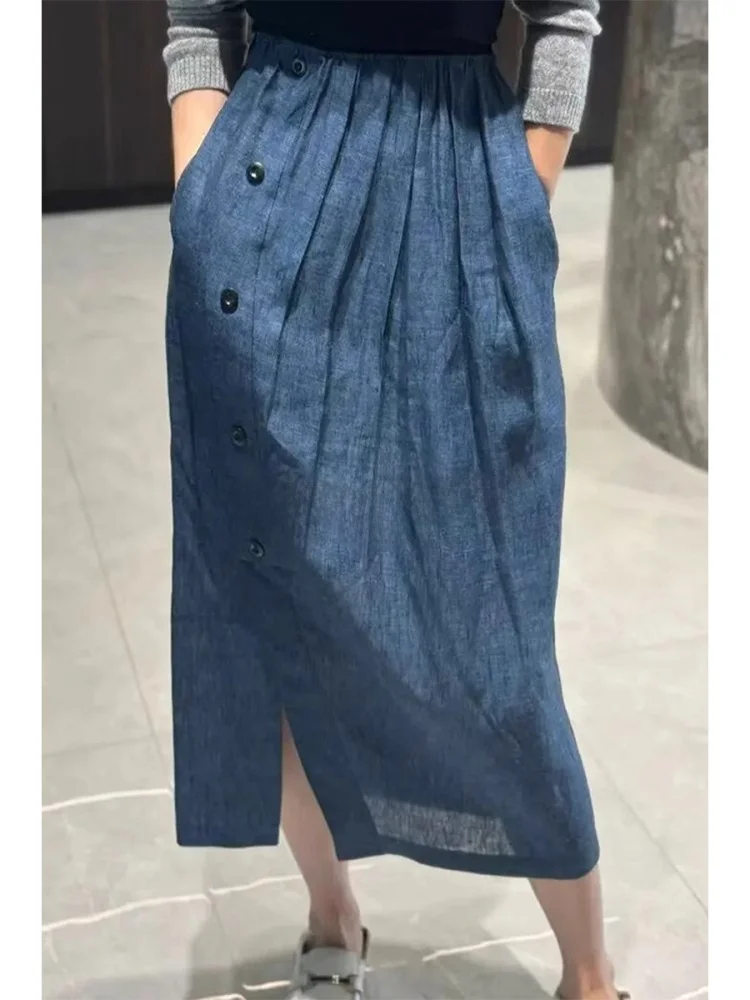 

High Waist A-Line Midi Skirt Women's plus Size Linen Summer New Style Slimming Split Skirt Shape Sandglass Shape Pear S...