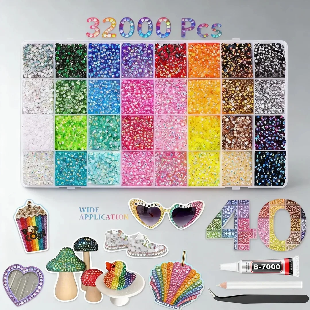40Grid Mixed Color Resin AB Rhinestone Flatback Nail Drill Set 32000Pcs For Phone Clothing Nails Crafts DIY Decoration