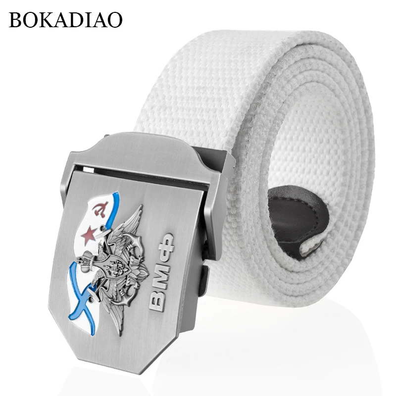 BOKADIAO Men Canvas Belt 3D Russian Navy ВМФ Metal Buckle White USSR Military Soldiers Tactical Belts For Women Jeans Waistband