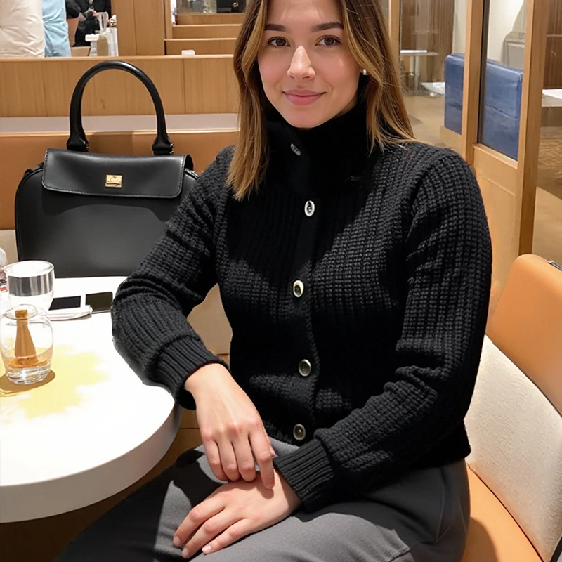 

Autumn Fashion Solid Color Knit Cardigan Korean Long Sleeve Turn-down Collar Women's Sweater Elegant Button Loose Knitted Top