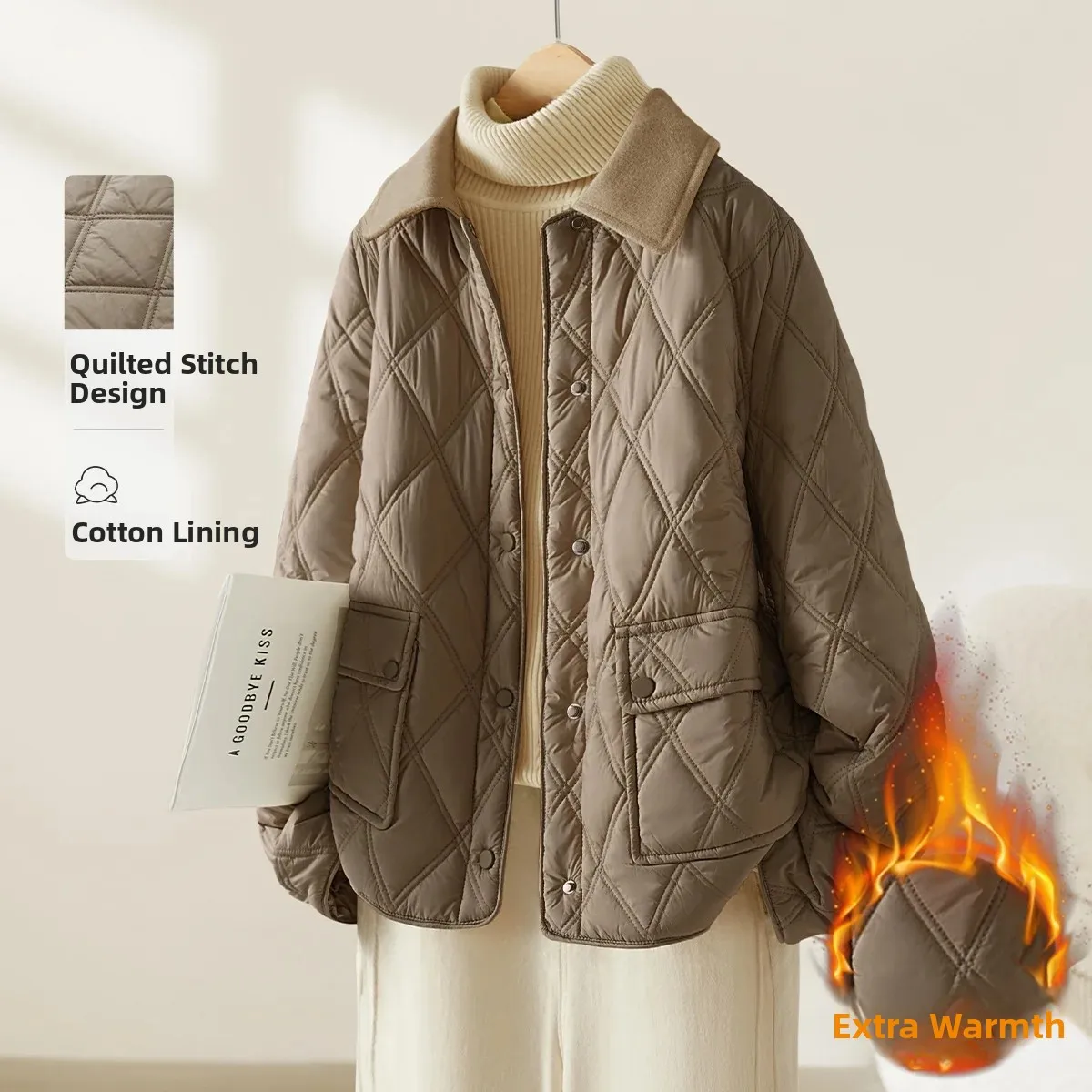 Women's Cotton Jacket Quilted Casual Lightweight Diamond Pattern Fall Winter Fashionable Thin Cotton Coat Zipper Closure