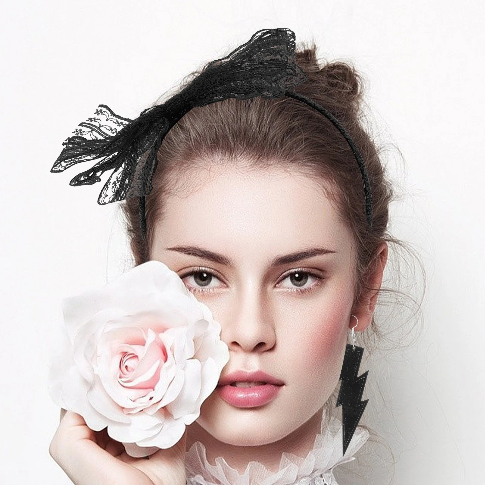 Ensemble de boucles d'oreilles bandeau en dentelle néon pour femmes, accessoires de fête pour Costume d'halloween, décorations de nœud de cheveux scintillantes pour dames