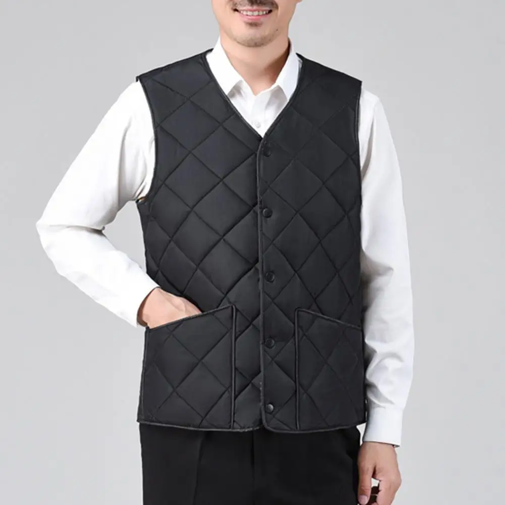 

Men's Vest Autumn Winter Down Padding Vest With Pocket Button Closure V-Neck Solid Color Cold-proof Sleeveless Jacket Vest