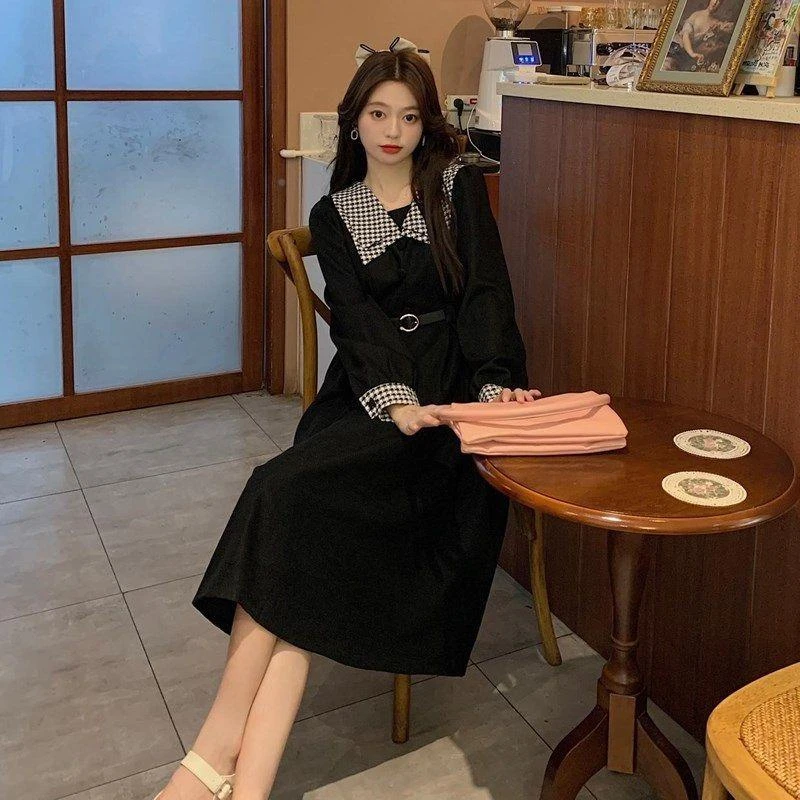 Vintage Long Sleeve Dresses Women for Autumn Retro Midi Plaid Peter Pan Collar Ins French Style A-line Daily Streetwear Ulzzang