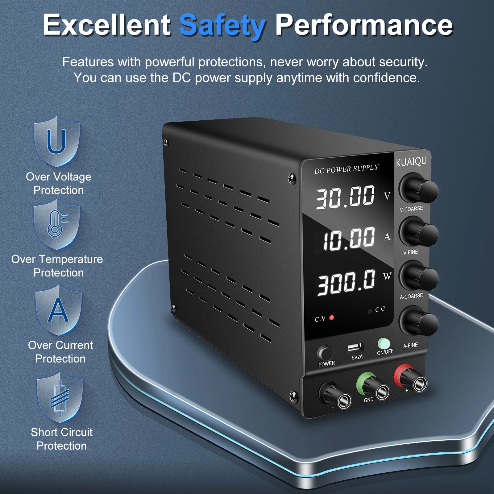 Kuaiqu Variable Power Supply DC Adjustable 30V10A Lab Switching Source Bench Power Supplies 120V 3A For Titanium Alloy Anodizing