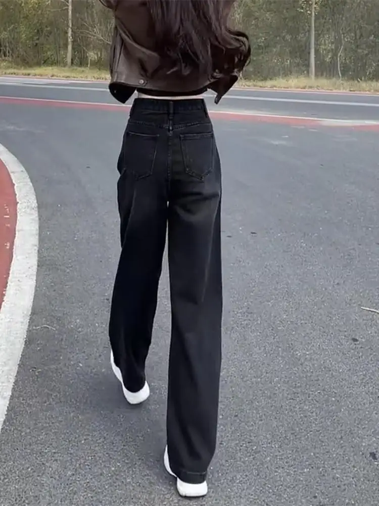 Thiened Fce Jeans mit geradem Bein, hohe Taille, lange Hosen, lockere Jeans mit weitem Bein, Schlankheitseffekt, Herbst, neue Damen-Jeans in Übergröße